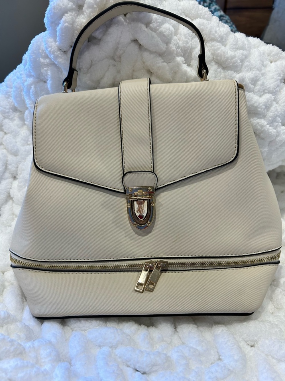 Cream Structured Satchel with Top Handle and Gold Hardware